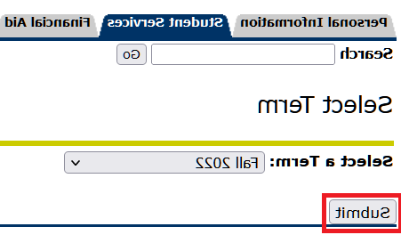 Self Service Banner "Select Term" page highlighting the "Submit" button after selecting the term